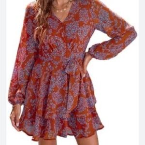 Dokotoo Size L Summer Floral Ruffled Long Sleeve Dress V Neck Skirt Dress